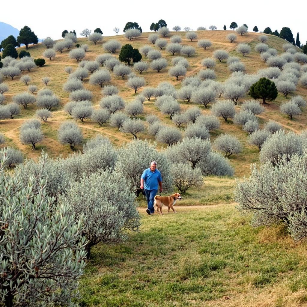 Hillside terraces of silver-green olive trees in the Peloponnese with cover crops between rows and a farmer walking through the grove