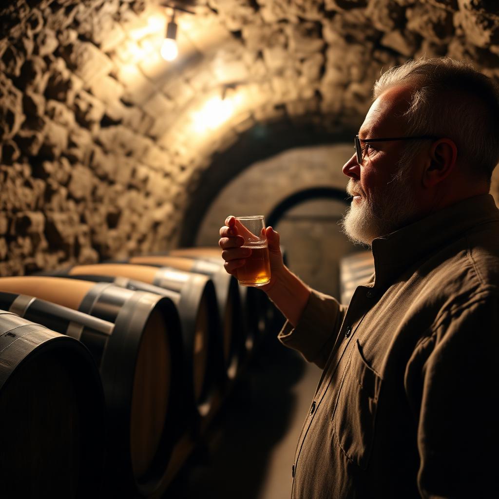 A Greek vinegar producer holding a glass sampler of amber wine vinegar to the light beside oak ageing barrels in a stone cellar