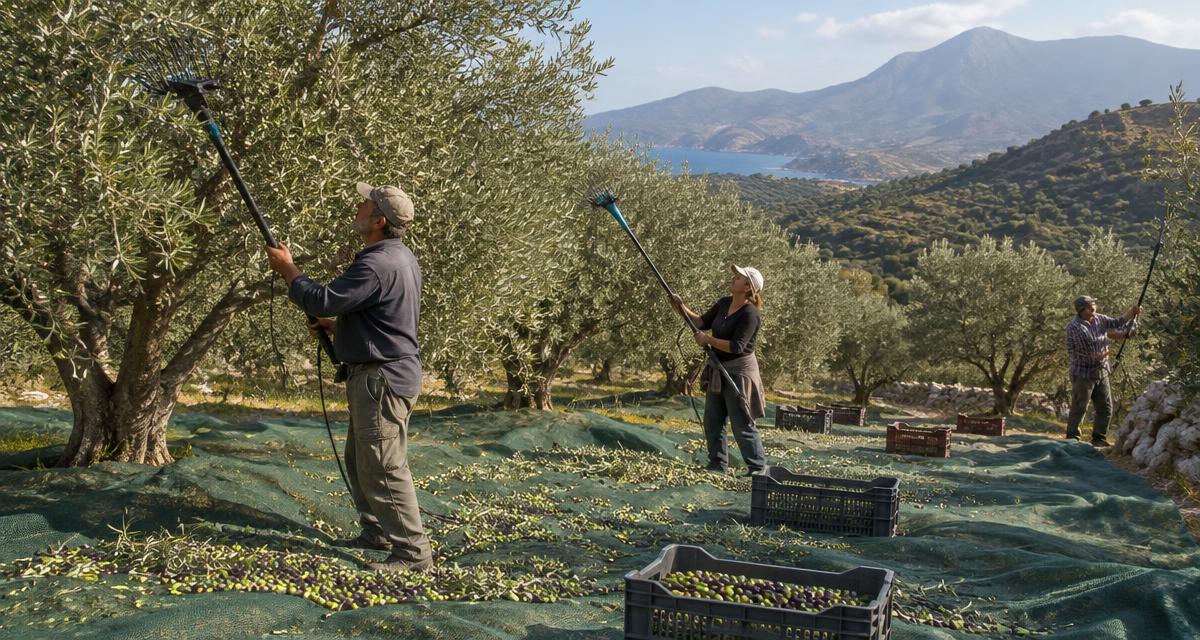 Olive harvesting in a Cretan grove, with workers collecting olives on nets for Greek olive oil production.