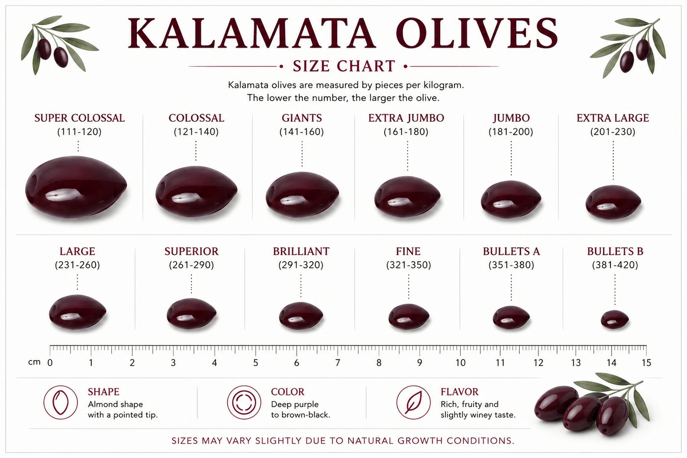 Kalamata Olive Size Guide, commercial sizing chart showing olive count per kilogram from Atlas and Super Colossal down to Bullets, with a centimetre ruler for reference.